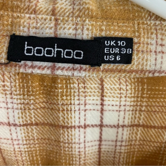 Boohoo Oversized Flannel Shirt Womens Size 6 Small Gold White Pockets Tunic - Picture 9 of 11
